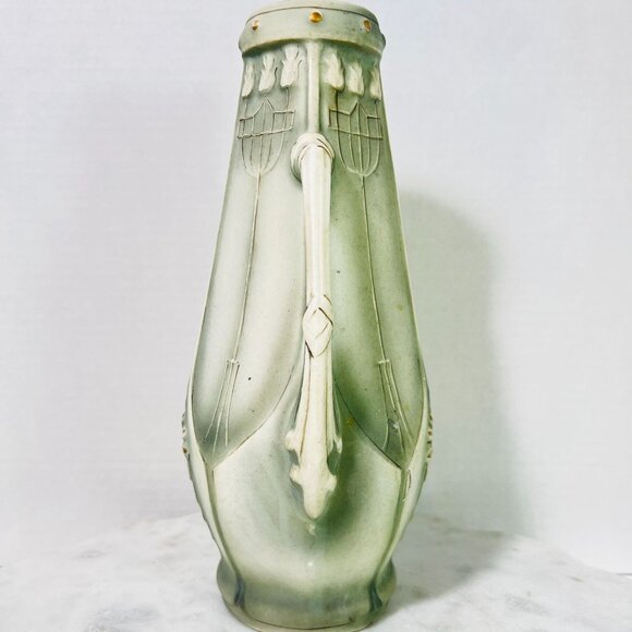 Art Nouveau Ceramic Bud Vase Green Gray 1900 Twin Handles 10" X 5" - Picture 3 of 10